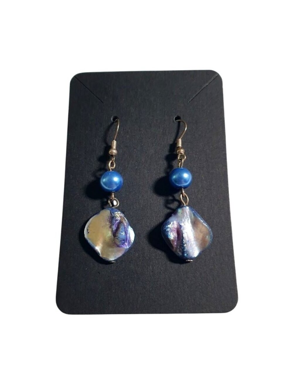 Iridescent Blue Dangle Earrings Hook Drop Pearl Accent Handmade Jewelry Women